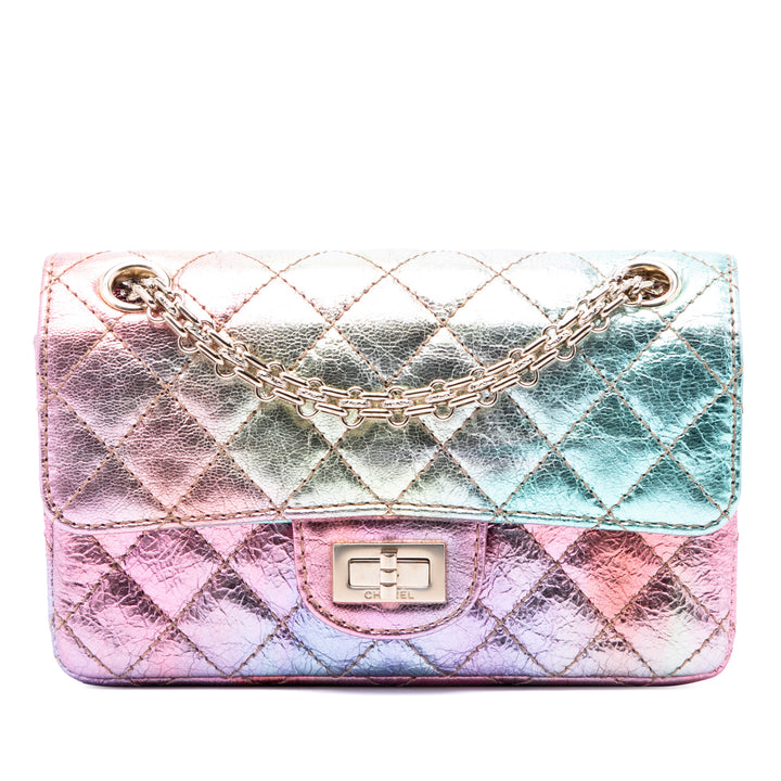 Chanel Mini Matelassé froissé Cuir de chèvre Rainbow Reissue 2.55 Simple rabat 224 Multi