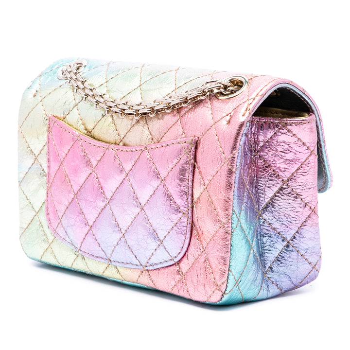 Chanel Mini Matelassé froissé Cuir de chèvre Rainbow Reissue 2.55 Simple rabat 224 Multi