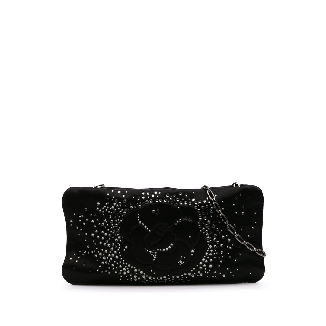 Satin Diamante Camellia Clutch with Chain Black - Gaby Paris
