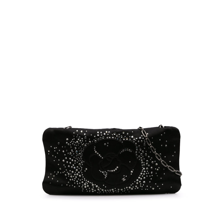 Satin Diamante Camellia Clutch with Chain Black - Gaby Paris