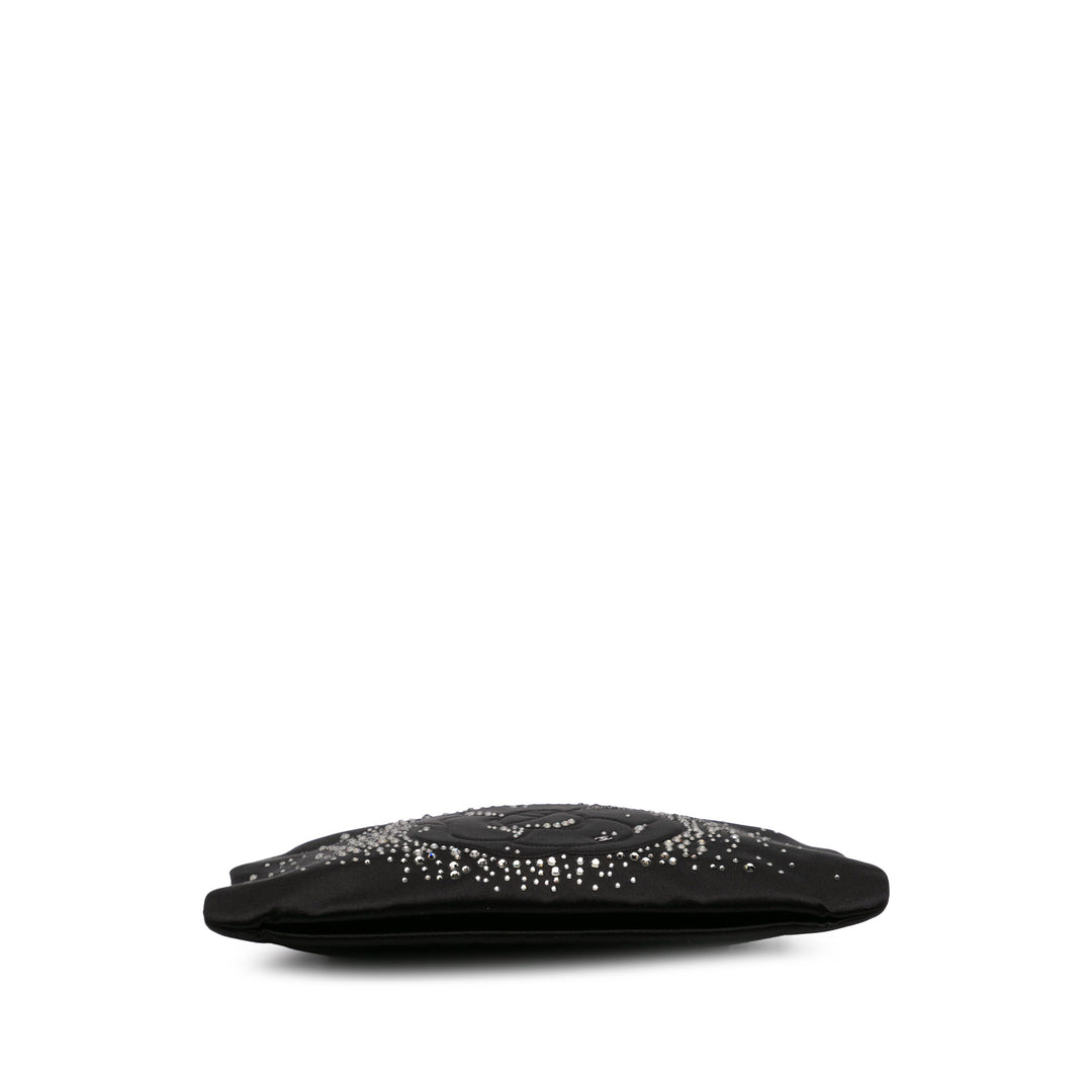 Satin Diamante Camellia Clutch with Chain Black - Gaby Paris