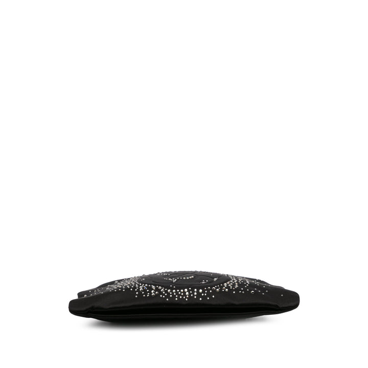 Satin Diamante Camellia Clutch with Chain Black - Gaby Paris