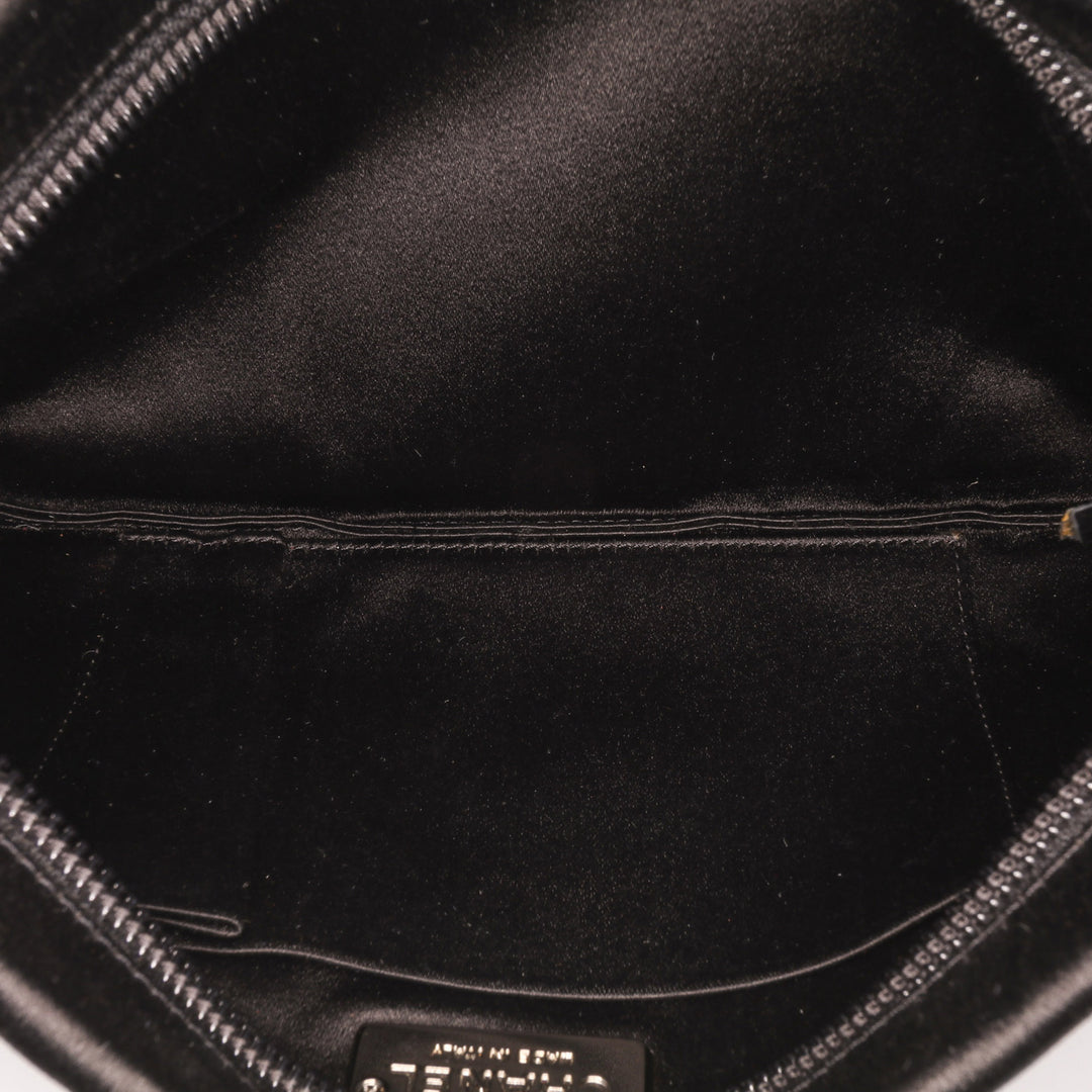Satin Diamante Camellia Clutch with Chain Black - Gaby Paris