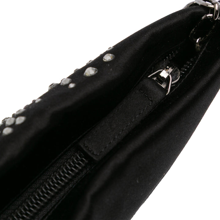 Satin Diamante Camellia Clutch with Chain Black - Gaby Paris