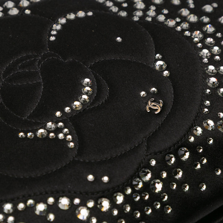 Satin Diamante Camellia Clutch with Chain Black - Gaby Paris