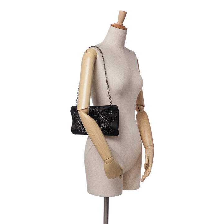 Satin Diamante Camellia Clutch with Chain Black - Gaby Paris