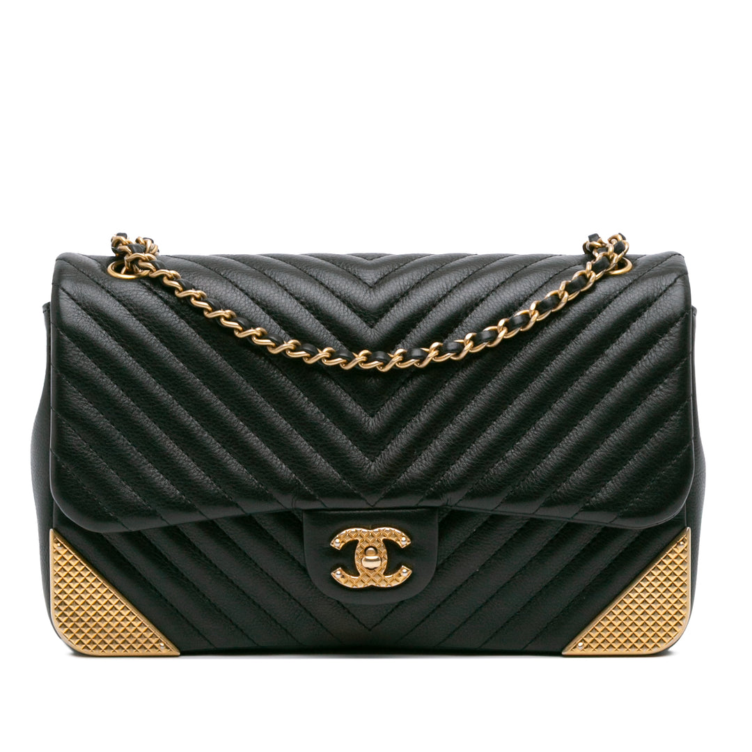Calfskin Chevron Rock The Corner Flap Black - Gaby Paris
