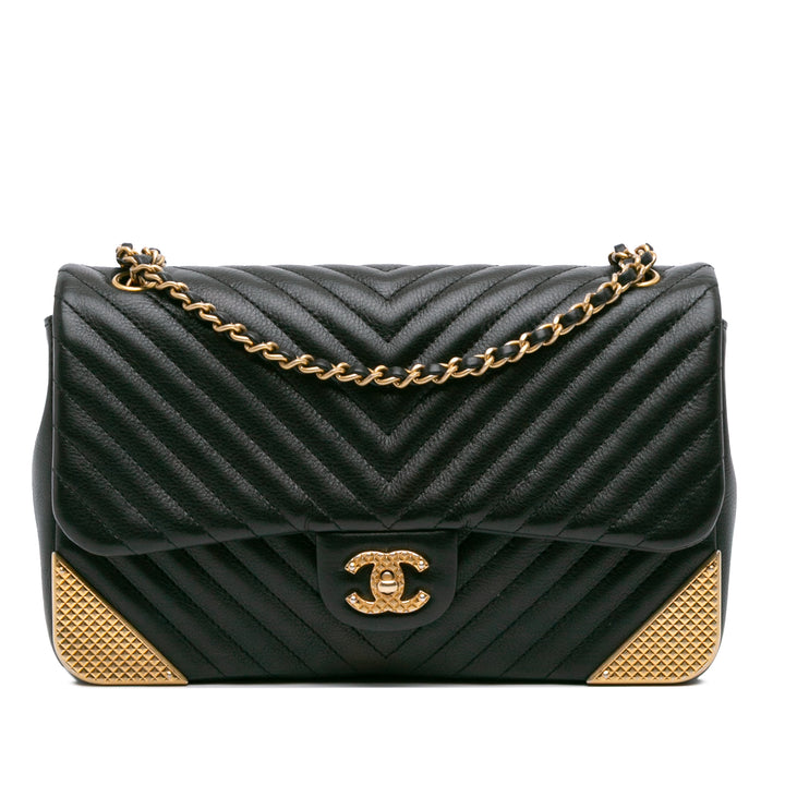 Calfskin Chevron Rock The Corner Flap Black - Gaby Paris