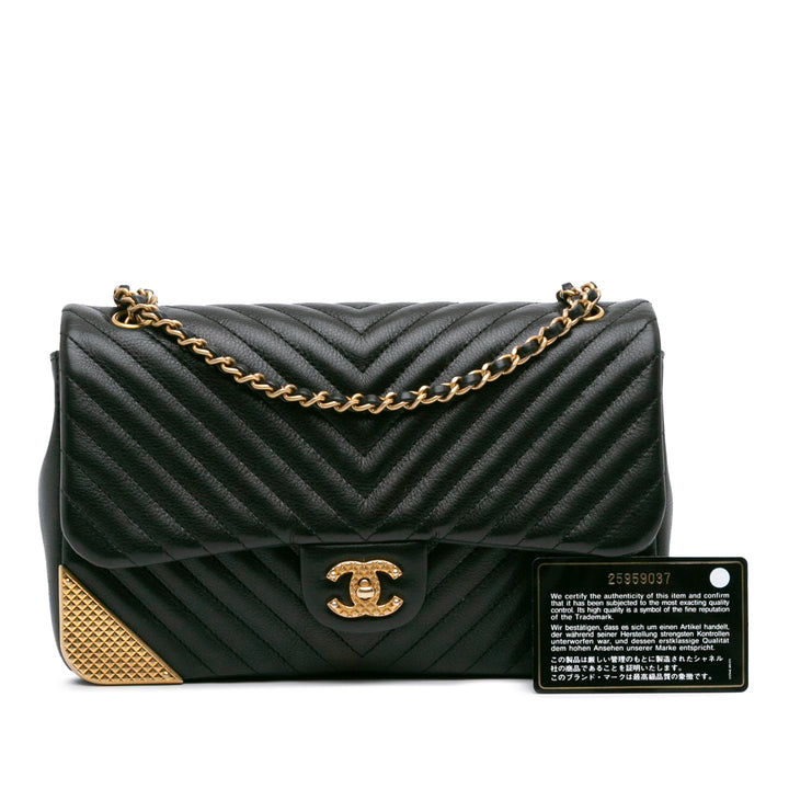Calfskin Chevron Rock The Corner Flap Black - Gaby Paris