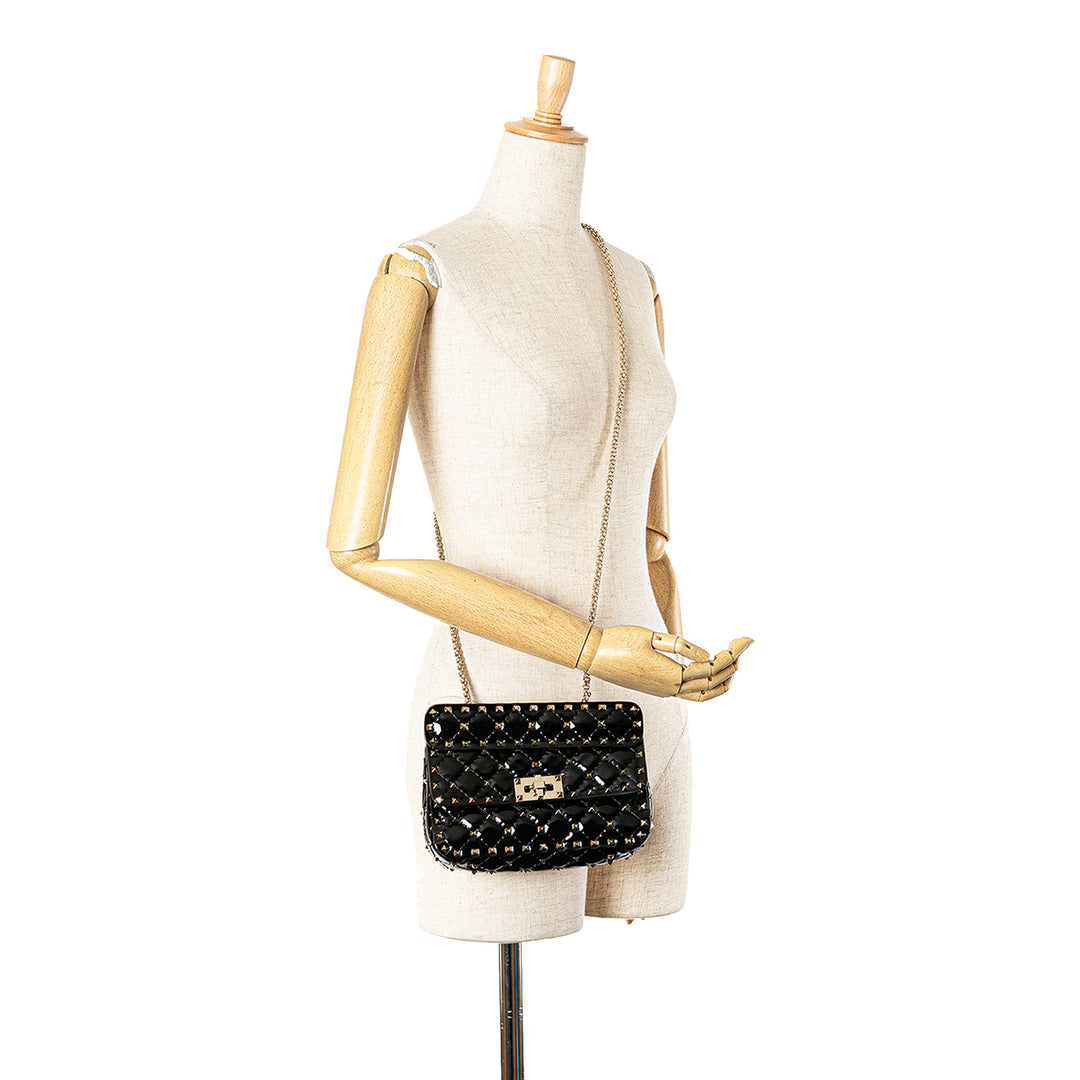 Small Patent Rockstud Spike Satchel Black - Gaby Paris