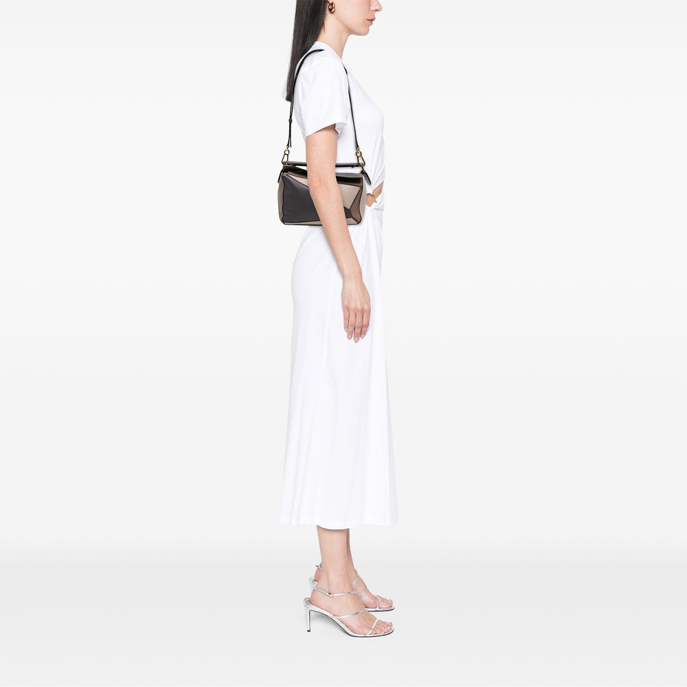 Small Tricolor Calfskin Puzzle Satchel Gray - Gaby Paris