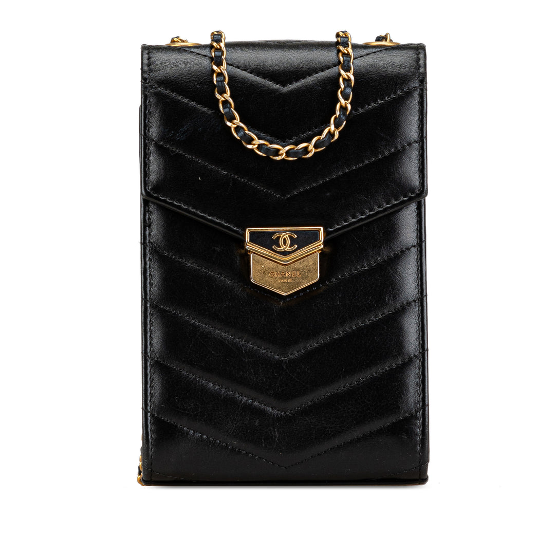Calfskin CC Chevron Medal Envelope Vertical Clutch With Chain Black - Gaby Paris
