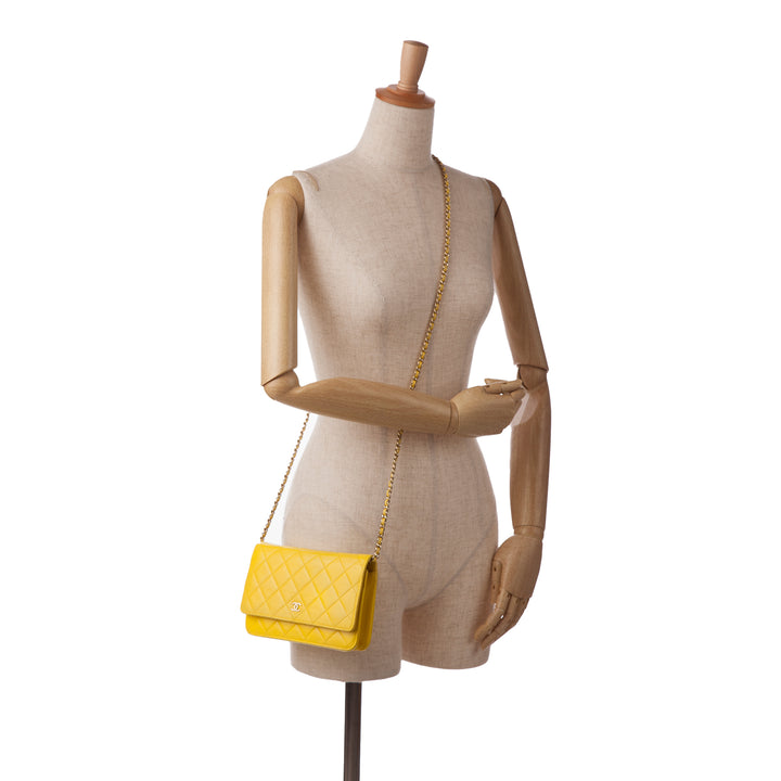 Classic Lambskin Wallet on Chain Yellow - Gaby Paris