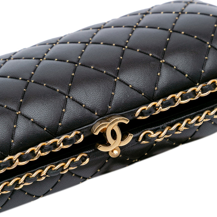 Quilted Lambskin Studded Chain Around Clutch with Chain Black - Gaby Paris