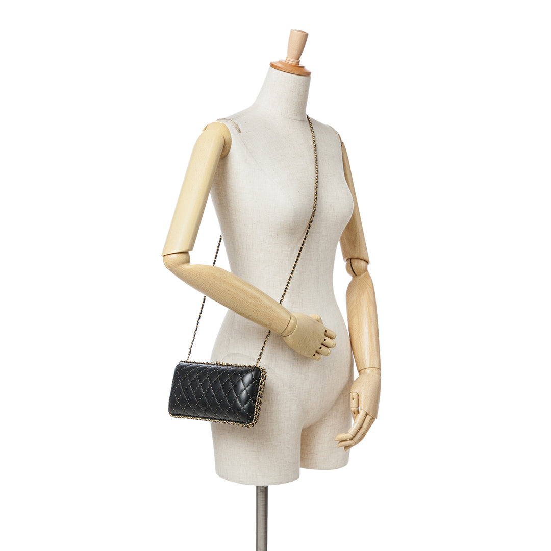 Quilted Lambskin Studded Chain Around Clutch with Chain Black - Gaby Paris