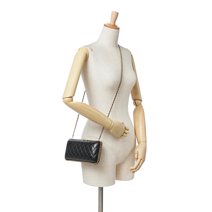 Quilted Lambskin Studded Chain Around Clutch with Chain Black - Gaby Paris