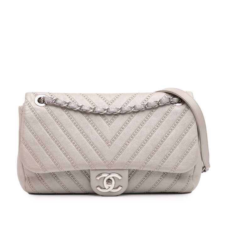Medium Chevron Calfskin Stud Wars Flap Silver - Gaby Paris