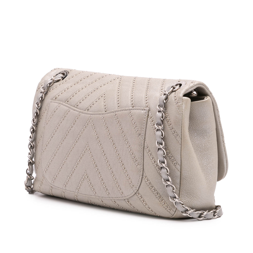 Medium Chevron Calfskin Stud Wars Flap Silver - Gaby Paris