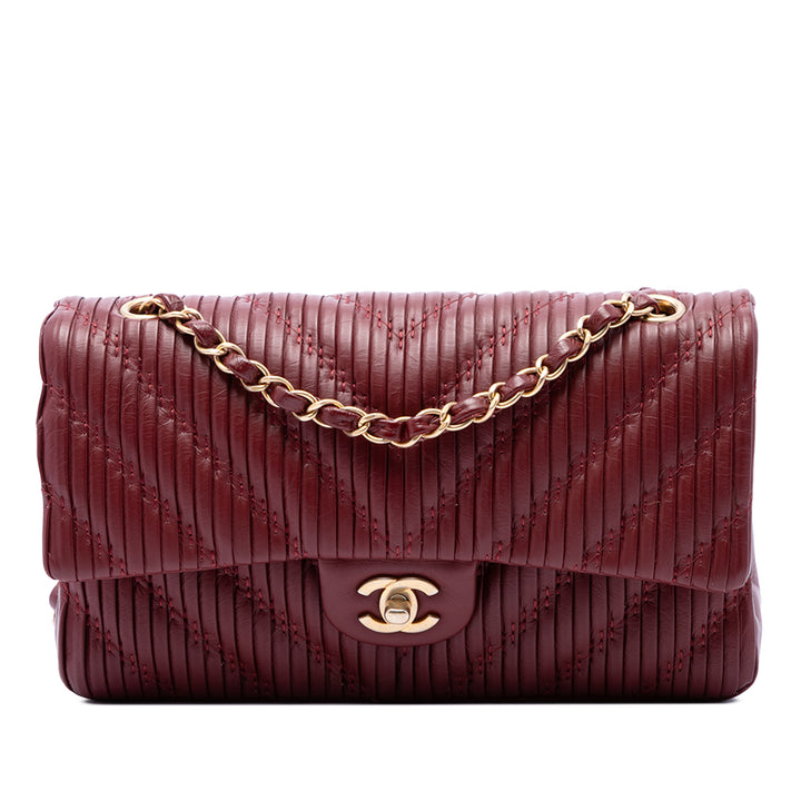 Classic Chevron Pleated Double rabat Moyen Cuir de veau Rouge