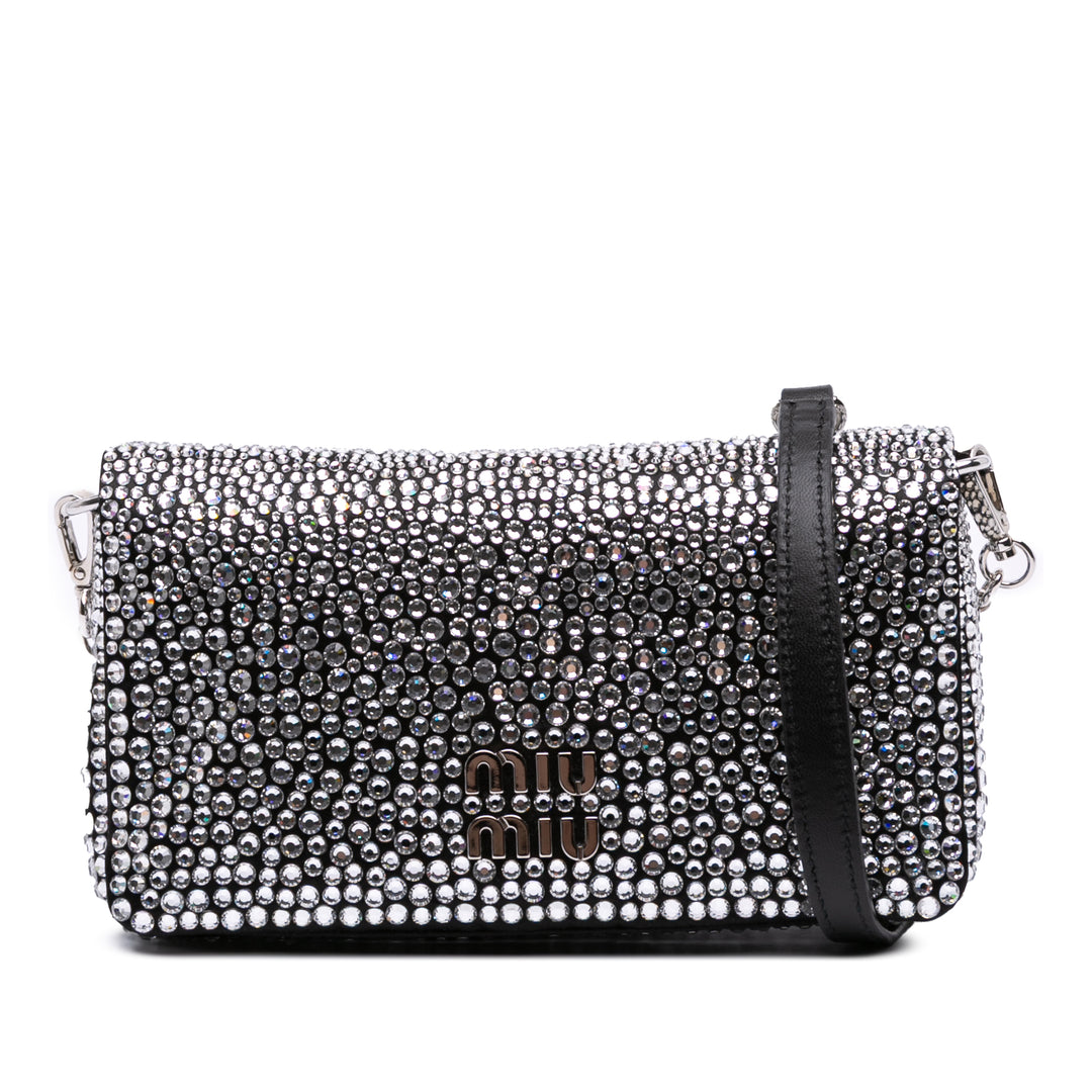 Mini Crystal Embellished Satin Chain Crossbody Black - Gaby Paris
