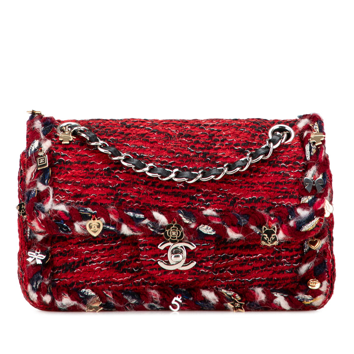 Chanel Small Classic Tweed Braided Charm Double rabat Rouge