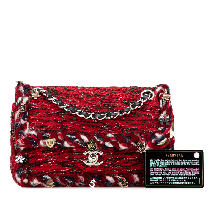 Chanel Small Classic Tweed Braided Charm Double rabat Rouge