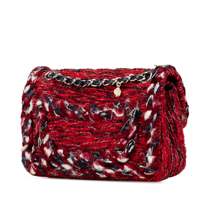 Chanel Small Classic Tweed Braided Charm Double rabat Rouge