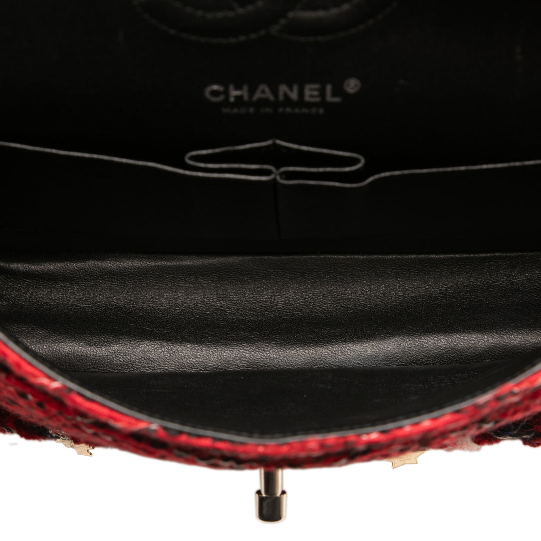 Chanel Small Classic Tweed Braided Charm Double rabat Rouge