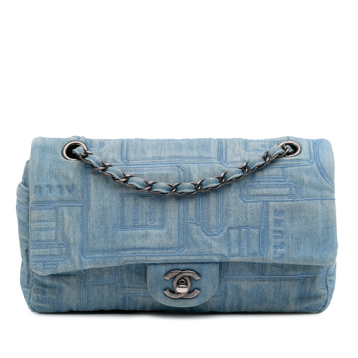 Medium Embroidered Denim Perfume Bottle Single Flap Blue - Gaby Paris