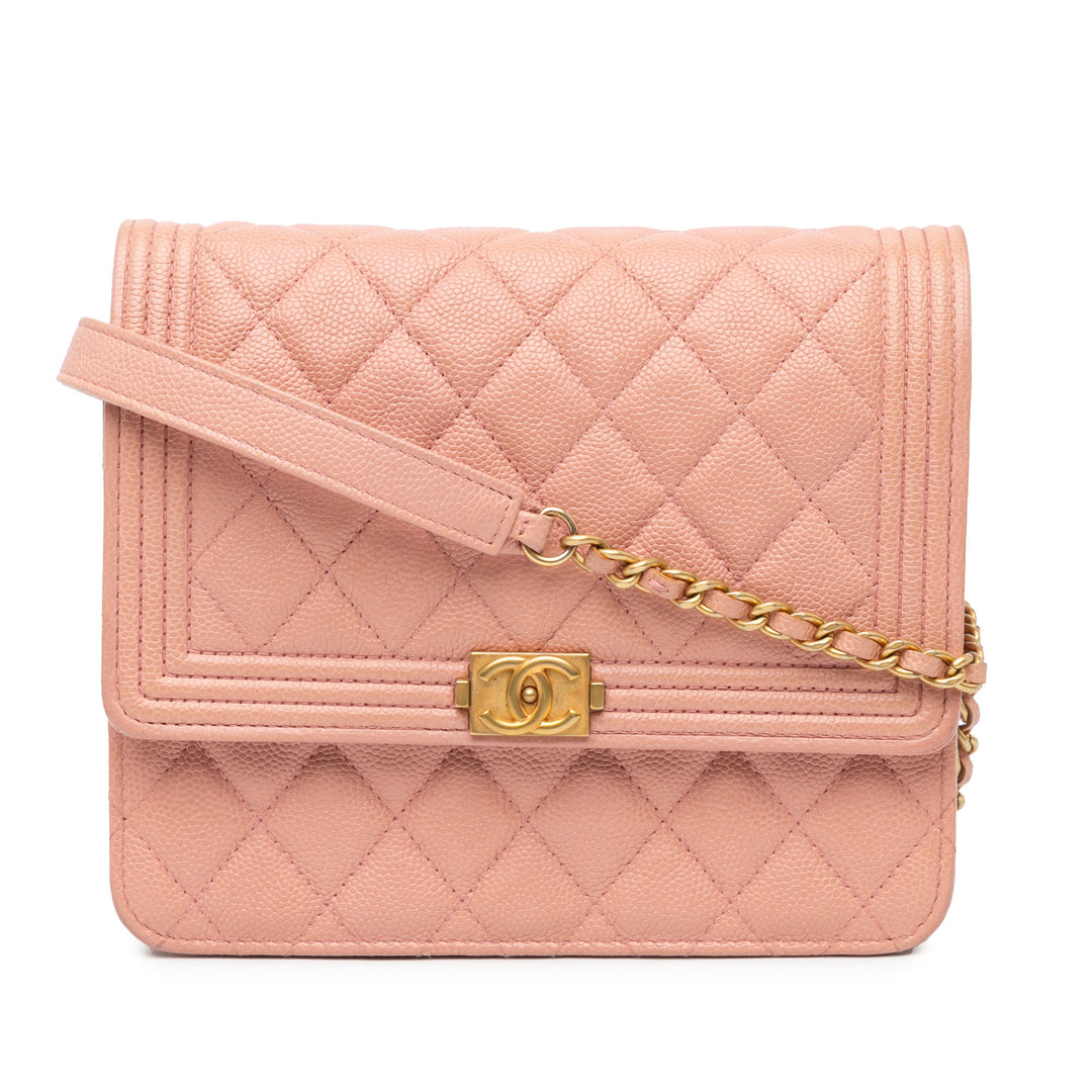 Quilted Caviar Square Boy Wallet On Chain Pink - Gaby Paris