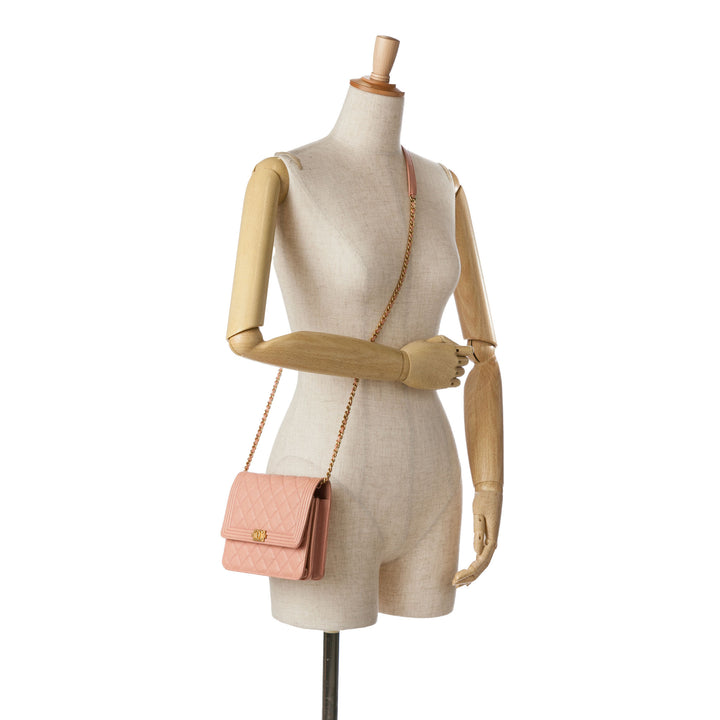 Quilted Caviar Square Boy Wallet On Chain Pink - Gaby Paris