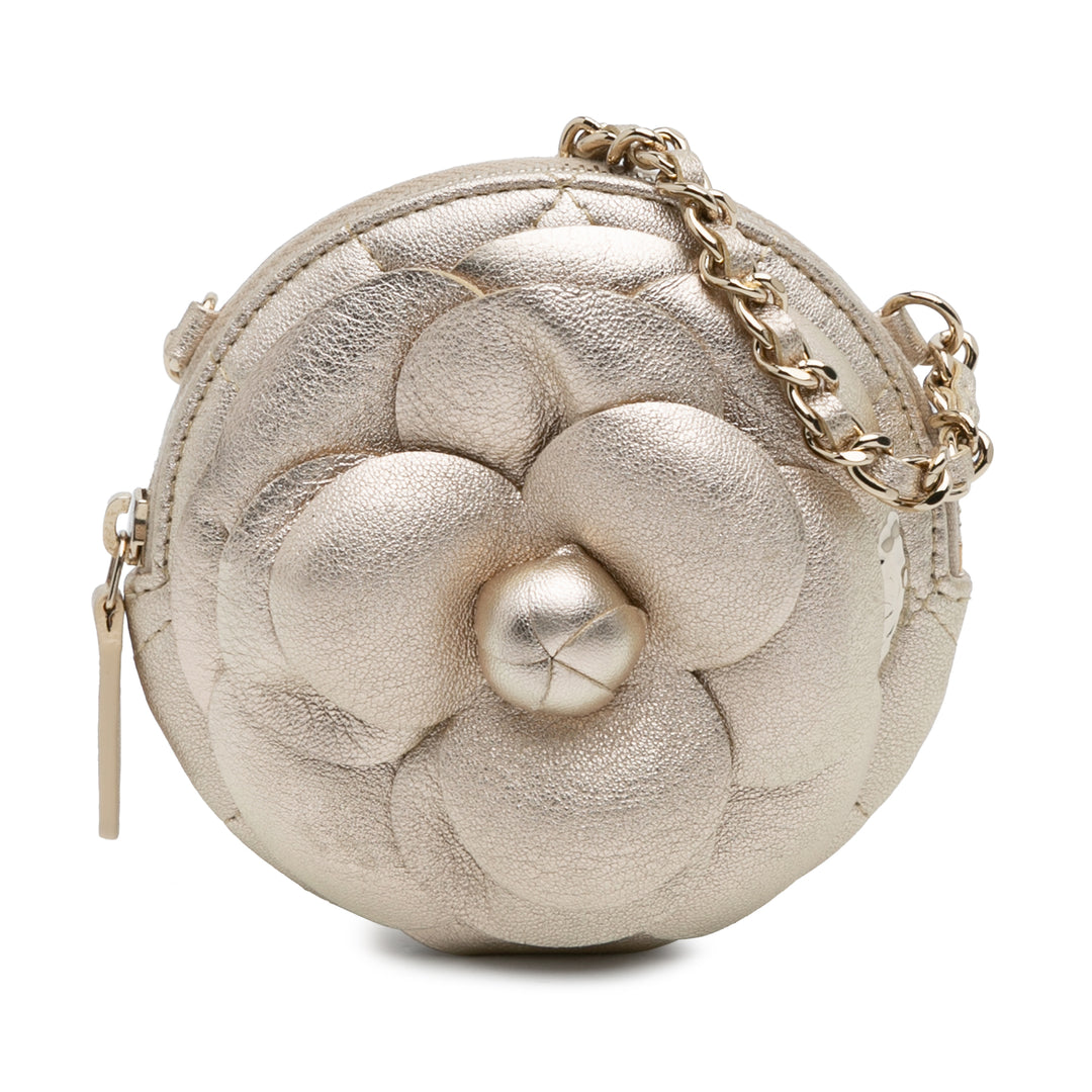 Chanel Mini CC Métallisé Cuir d’agneau Camellia Bouquet Round Pochette on Chain Doré – GABY PARIS Authentique