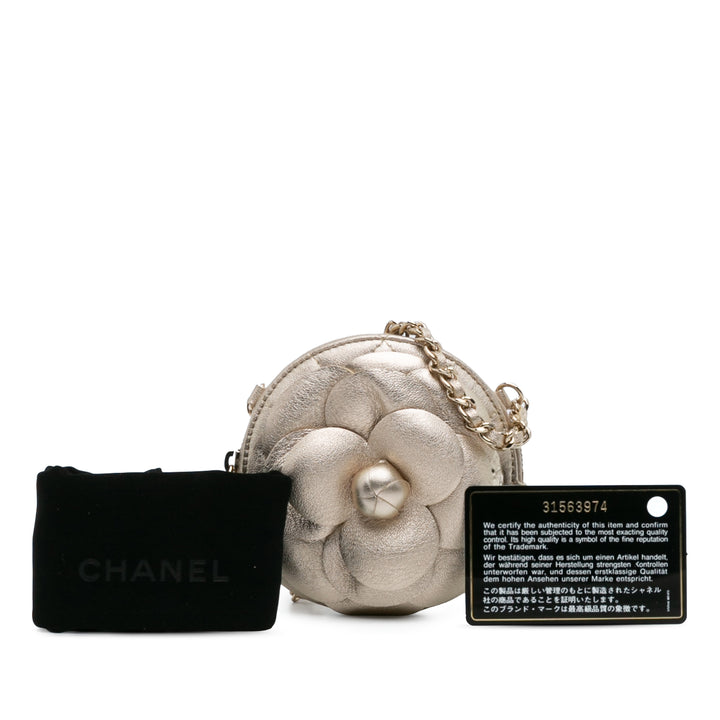 Chanel Mini CC Métallisé Cuir d’agneau Camellia Bouquet Round Pochette on Chain Doré – GABY PARIS Authentique
