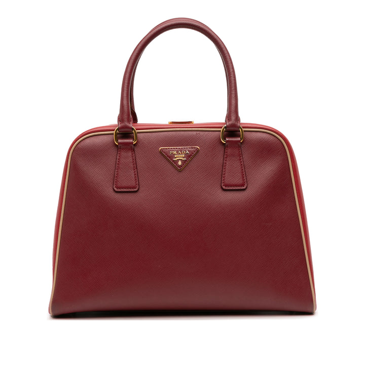 Prada Saffiano Lux Pyramid Frame Top Handle Bag Rouge