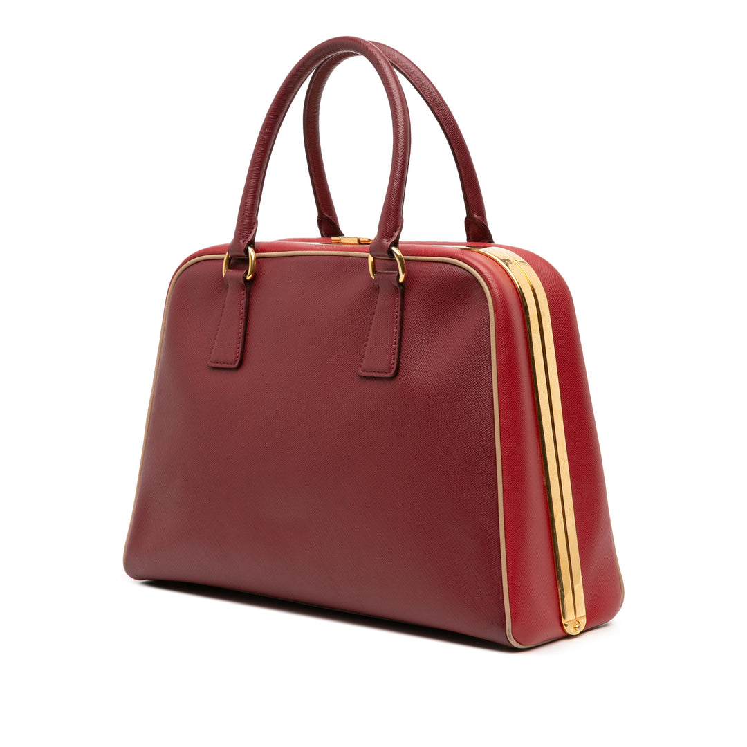 Prada Saffiano Lux Pyramid Frame Top Handle Bag Rouge