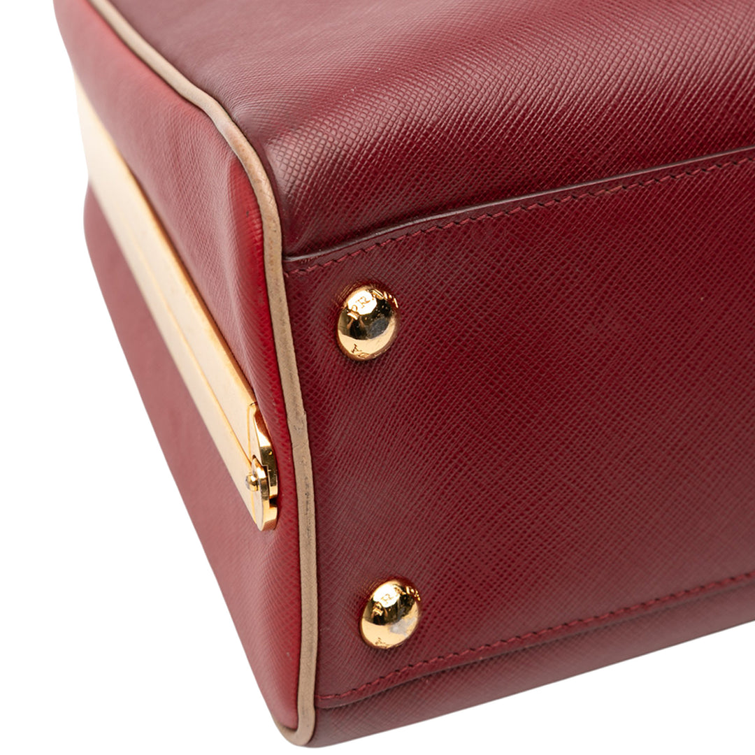 Prada Saffiano Lux Pyramid Frame Top Handle Bag Rouge