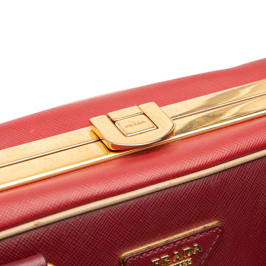 Prada Saffiano Lux Pyramid Frame Top Handle Bag Rouge