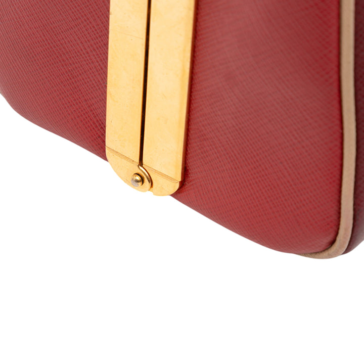 Prada Saffiano Lux Pyramid Frame Top Handle Bag Rouge