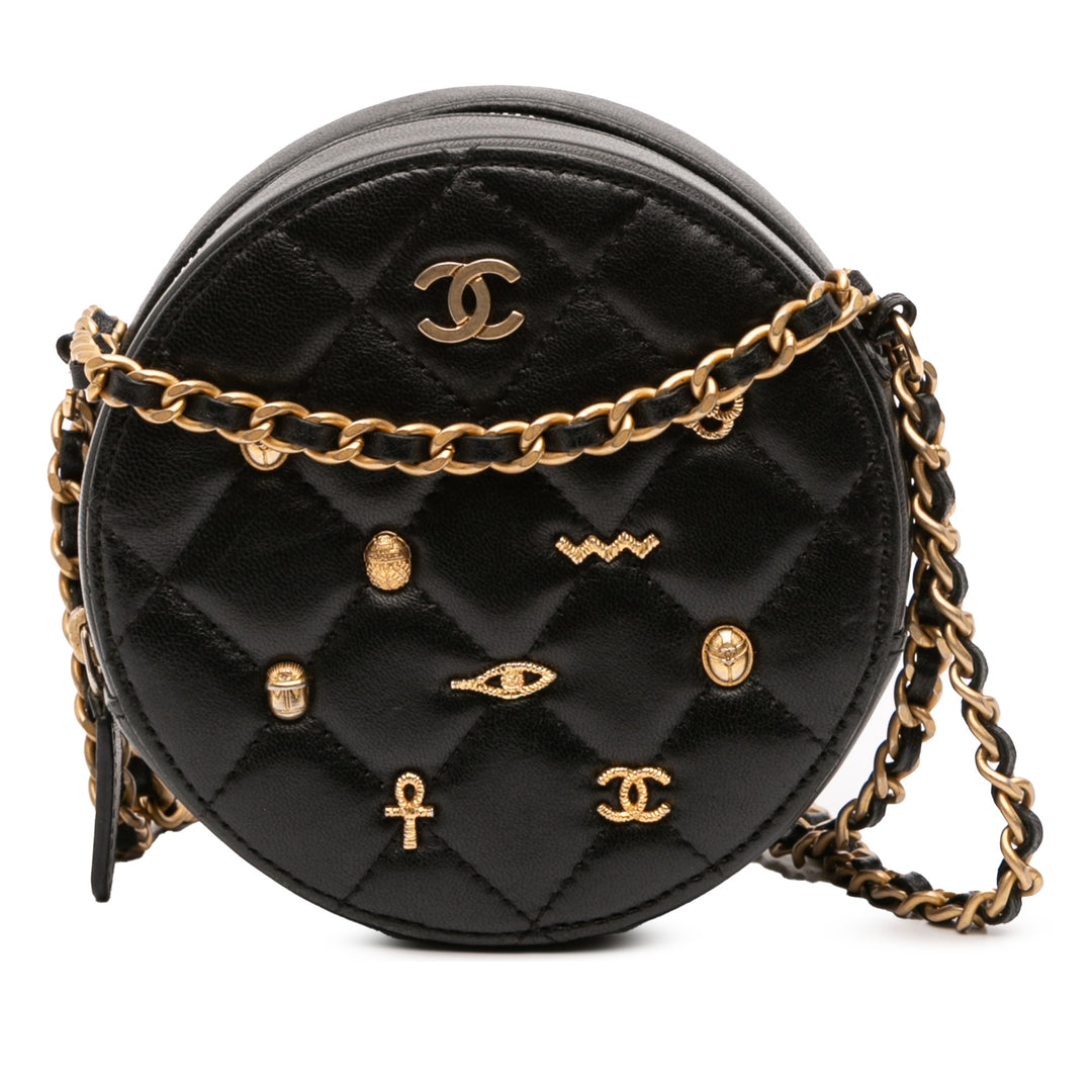 Chanel Quilted Cuir d’agneau Egyptian Amulet Charms Round Pochette with Chain Noir – GABY PARIS Authentique