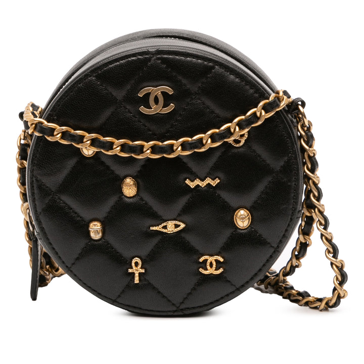 Chanel Quilted Cuir d’agneau Egyptian Amulet Charms Round Pochette with Chain Noir – GABY PARIS Authentique