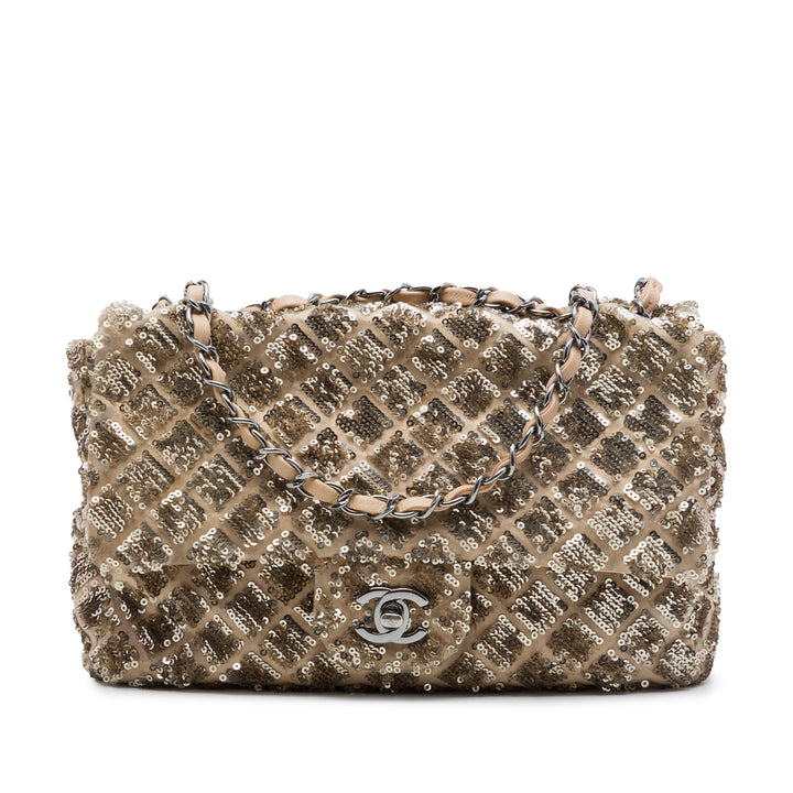 Chanel CC Matelassé Sequins Orné à rabat Satin