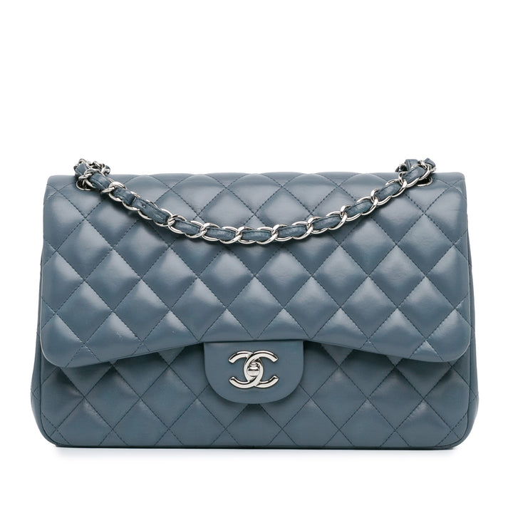 Jumbo Classic Lambskin Double Flap Blue - Gaby Paris