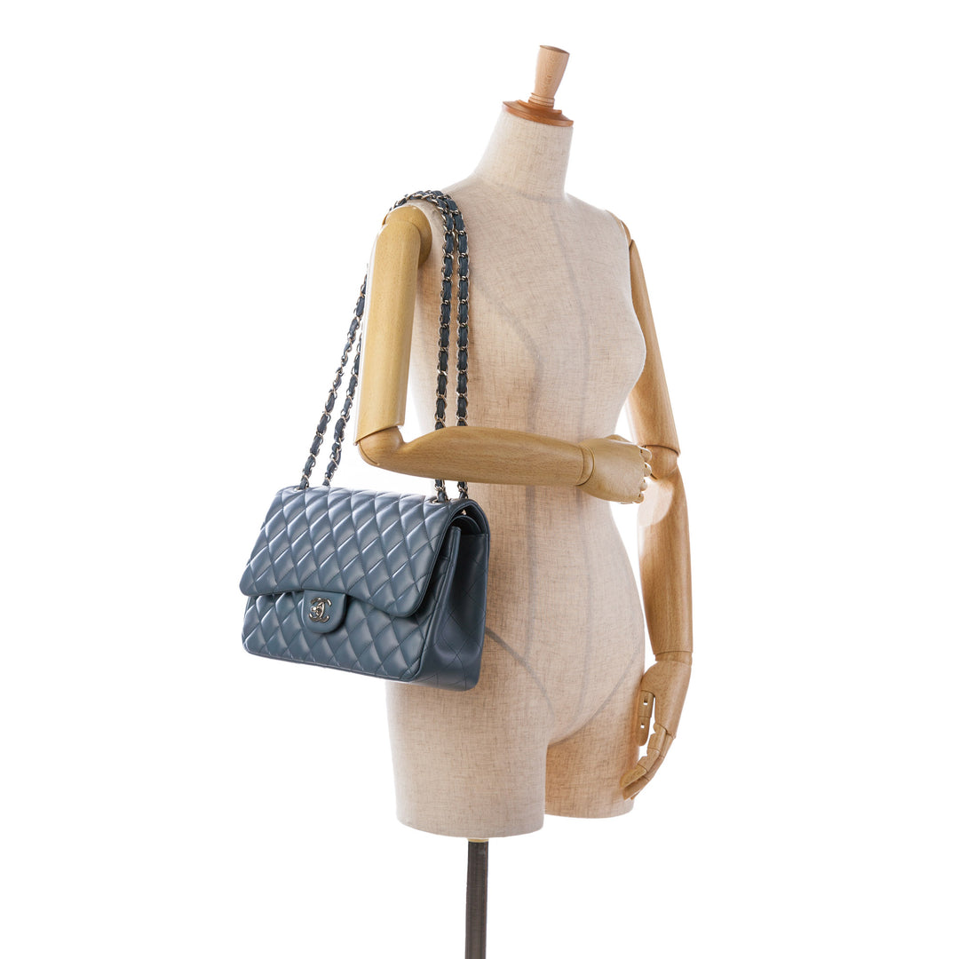 Jumbo Classic Lambskin Double Flap Blue - Gaby Paris