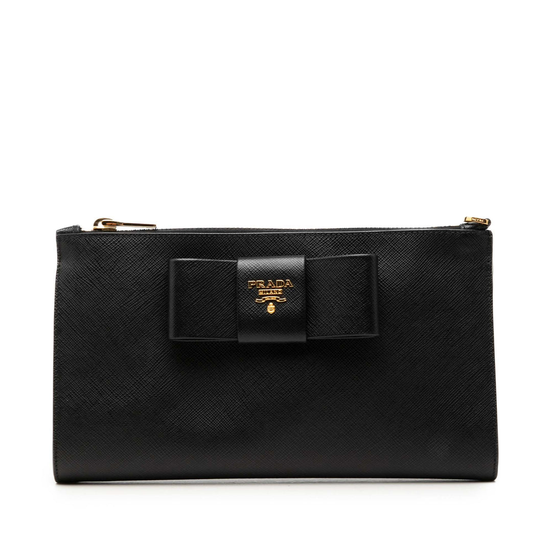 Prada Pochette Bow Saffiano Noir – vue principale – GABY PARIS