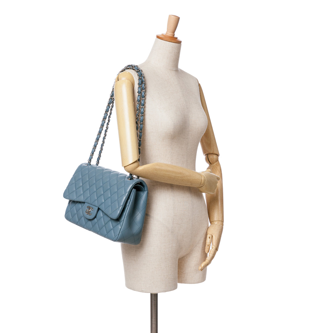 Jumbo Classic Lambskin Double Flap Blue - Gaby Paris