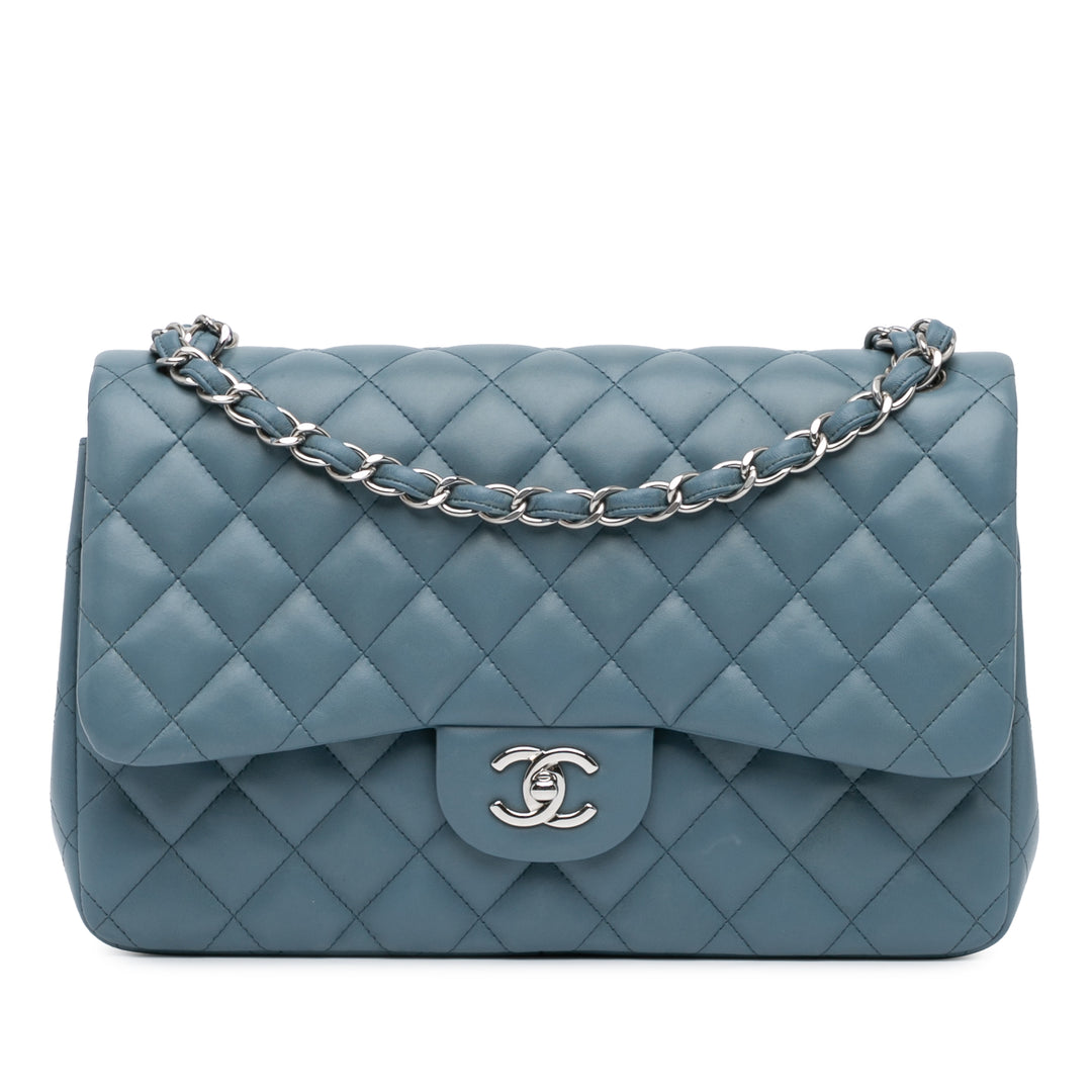 Jumbo Classic Lambskin Double Flap Blue - Gaby Paris