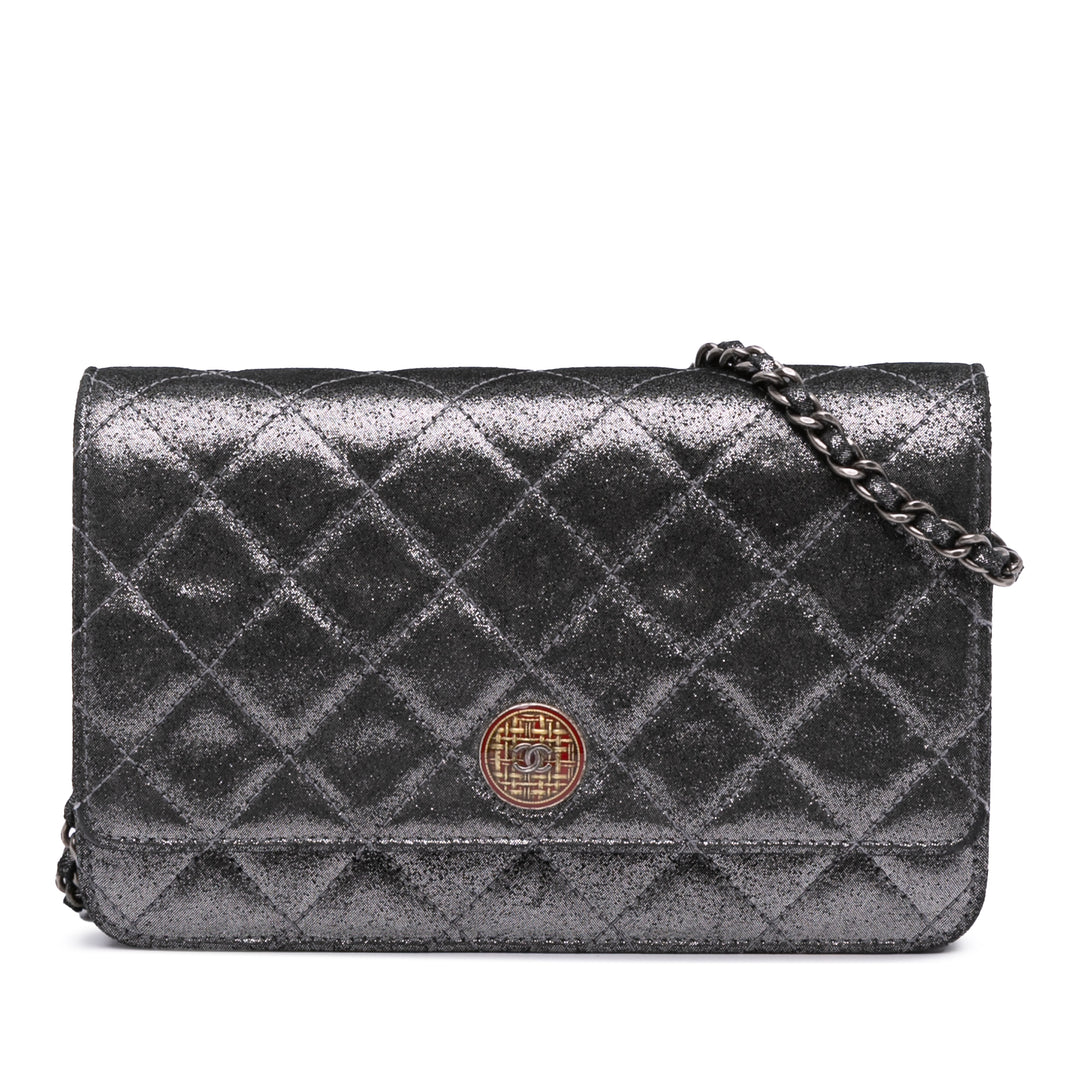Quilted Iridescent Lambskin Tartan Button Wallet On Chain Silver - Gaby Paris