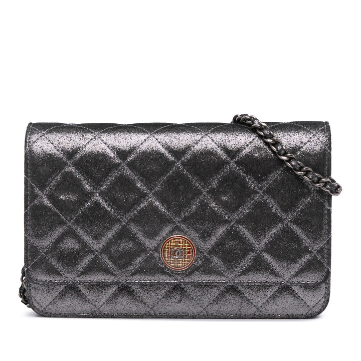 Quilted Iridescent Lambskin Tartan Button Wallet On Chain Silver - Gaby Paris