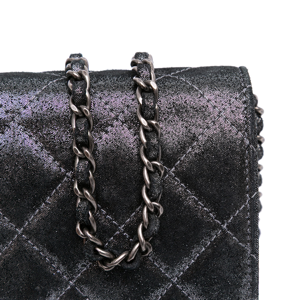 Quilted Iridescent Lambskin Tartan Button Wallet On Chain Silver - Gaby Paris