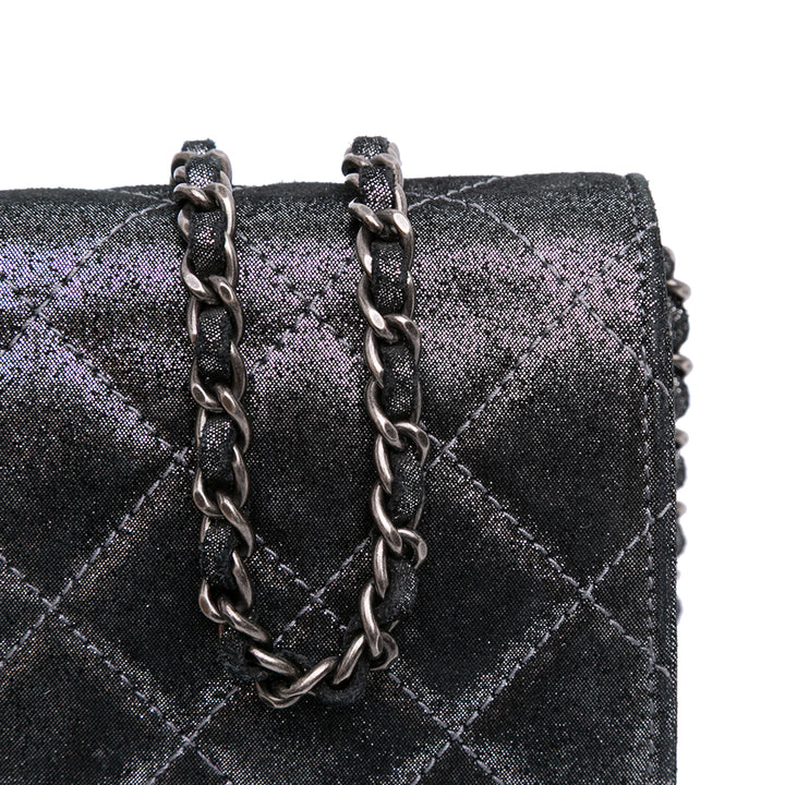 Quilted Iridescent Lambskin Tartan Button Wallet On Chain Silver - Gaby Paris